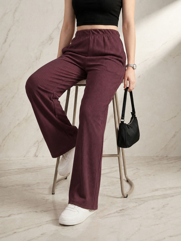 Istyle Can wine mid-rise straight fit trousers for women with elastic waist and side pockets