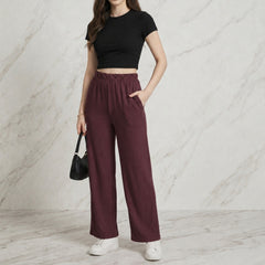 Istyle Can wine mid-rise straight fit trousers for women with elastic waist and side pockets