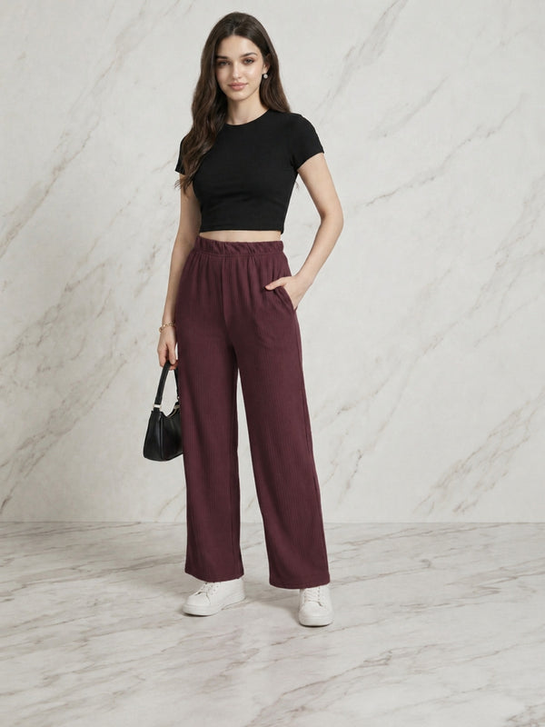 Istyle Can wine mid-rise straight fit trousers for women with elastic waist and side pockets