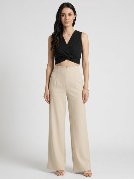 Istyle Can beige solid twill formal trousers for women with front zip and side pockets - view 1