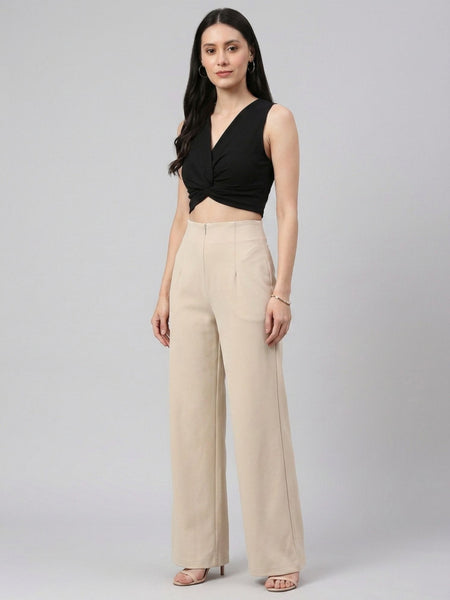 Istyle Can beige solid twill formal trousers for women with front zip and side pockets - view 2