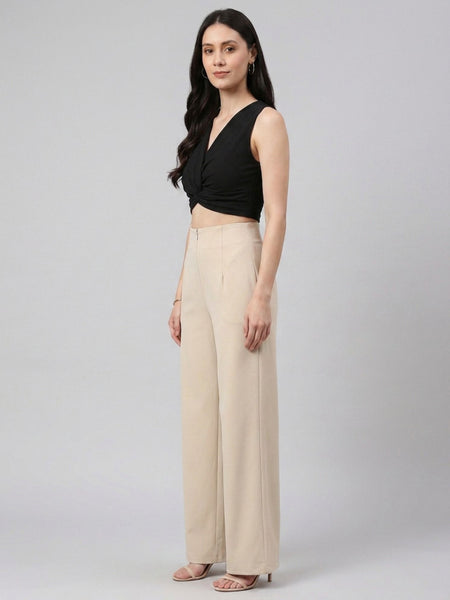 Istyle Can beige solid twill formal trousers for women with front zip and side pockets - view 3