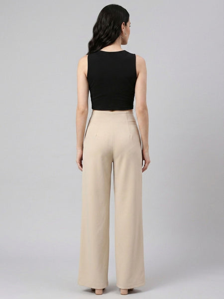 Istyle Can beige solid twill formal trousers for women with front zip and side pockets - view 4