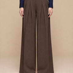 Istyle Can brown solid polyester twill wide leg pleated trousers for women - front view