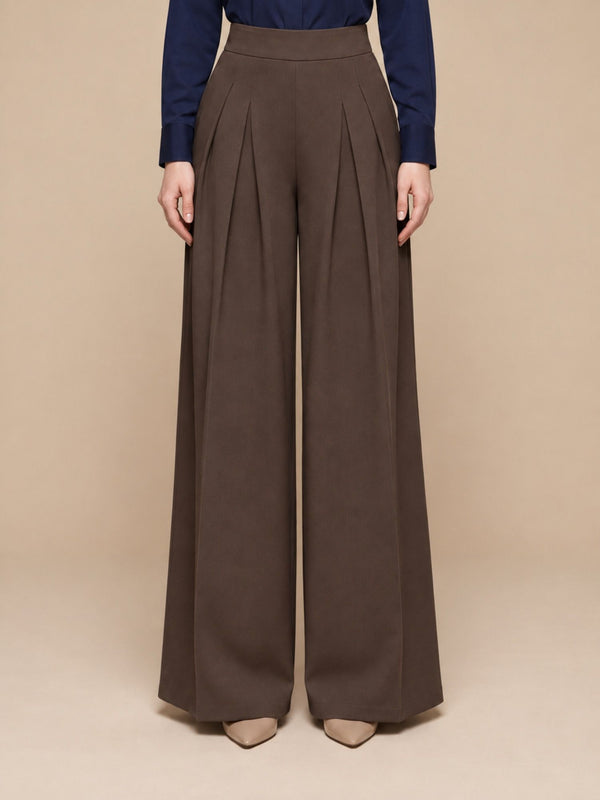 Istyle Can brown solid polyester twill wide leg pleated trousers for women - front view