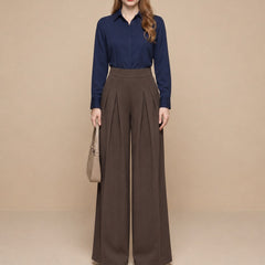 Istyle Can brown solid polyester twill wide leg pleated trousers for women
