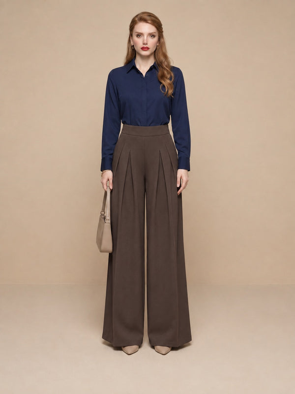Istyle Can brown solid polyester twill wide leg pleated trousers for women