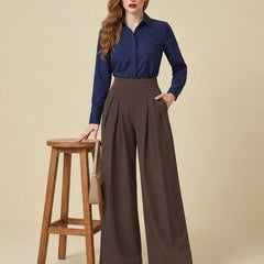 Istyle Can brown solid polyester twill wide leg pleated trousers for women