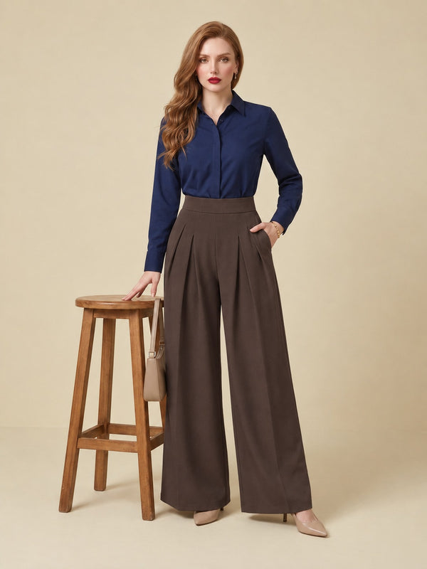 Istyle Can brown solid polyester twill wide leg pleated trousers for women