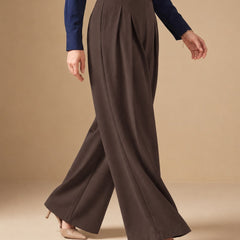 Istyle Can brown solid polyester twill wide leg pleated trousers for women