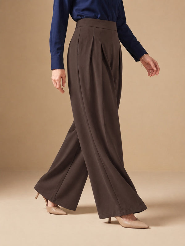 Istyle Can brown solid polyester twill wide leg pleated trousers for women