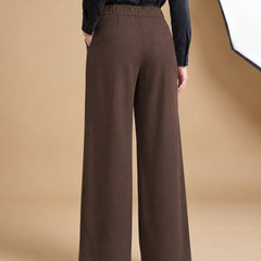 Istyle Can brown solid polyester twill wide leg pleated trousers for women