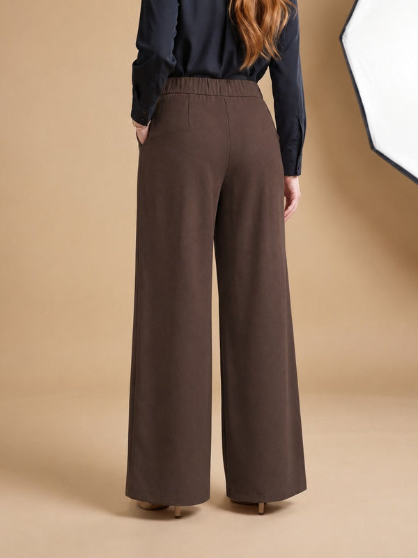 Istyle Can brown solid polyester twill wide leg pleated trousers for women