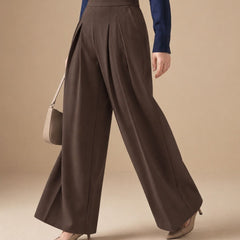 Istyle Can brown solid polyester twill wide leg pleated trousers for women
