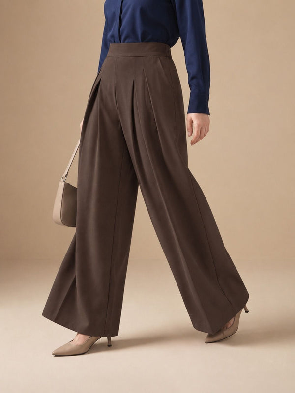 Istyle Can brown solid polyester twill wide leg pleated trousers for women