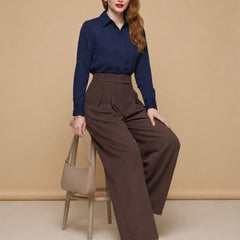 Istyle Can brown solid polyester twill wide leg pleated trousers for women