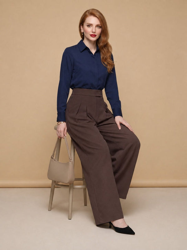 Istyle Can brown solid polyester twill wide leg pleated trousers for women