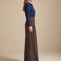 Istyle Can brown solid polyester twill wide leg pleated trousers for women