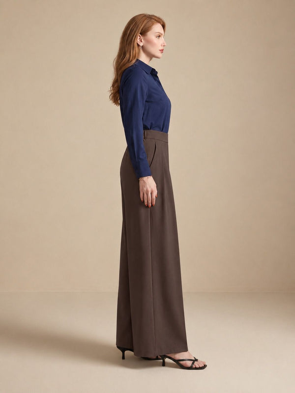 Istyle Can brown solid polyester twill wide leg pleated trousers for women