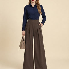 Istyle Can brown solid polyester twill wide leg pleated trousers for women