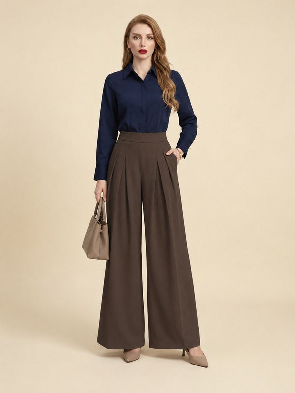 Istyle Can brown solid polyester twill wide leg pleated trousers for women