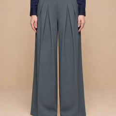 Istyle Can dark grey solid polyester twill wide leg pleated trousers for women