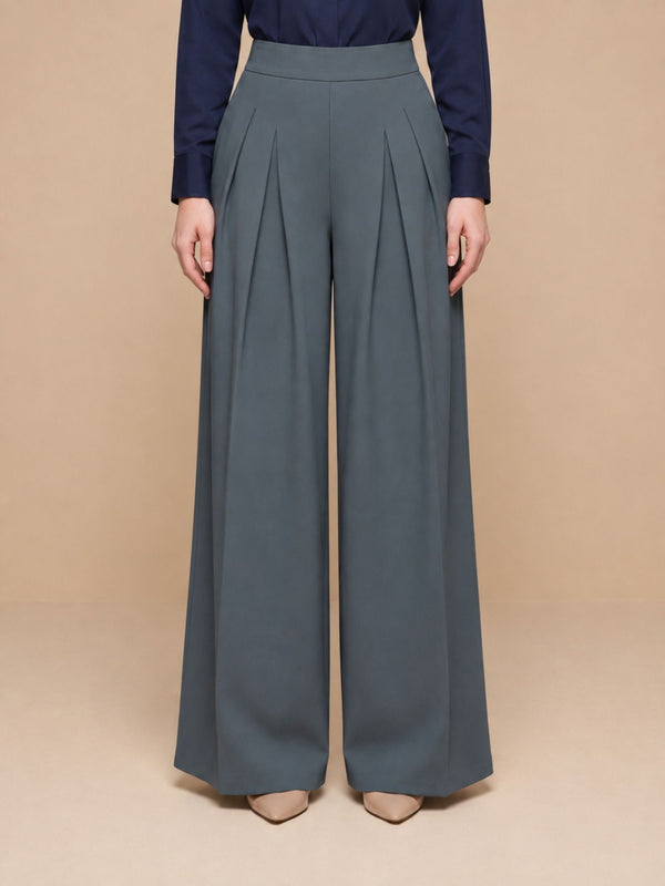 Istyle Can dark grey solid polyester twill wide leg pleated trousers for women