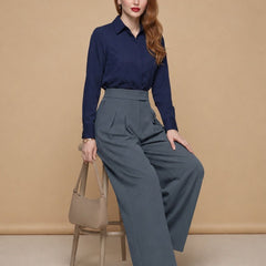 Istyle Can dark grey solid polyester twill wide leg pleated trousers for women