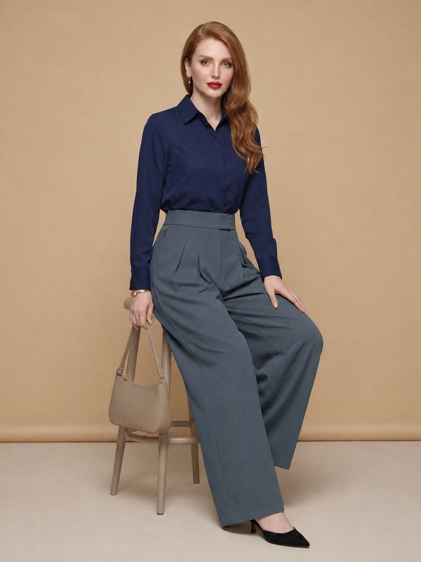 Istyle Can dark grey solid polyester twill wide leg pleated trousers for women