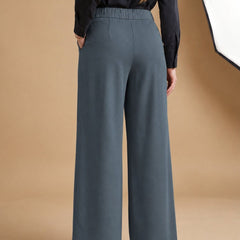 Istyle Can dark grey solid polyester twill wide leg pleated trousers for women