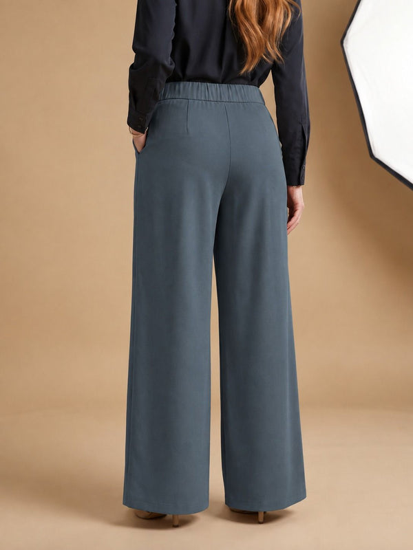 Istyle Can dark grey solid polyester twill wide leg pleated trousers for women