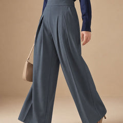 Istyle Can dark grey solid polyester twill wide leg pleated trousers for women