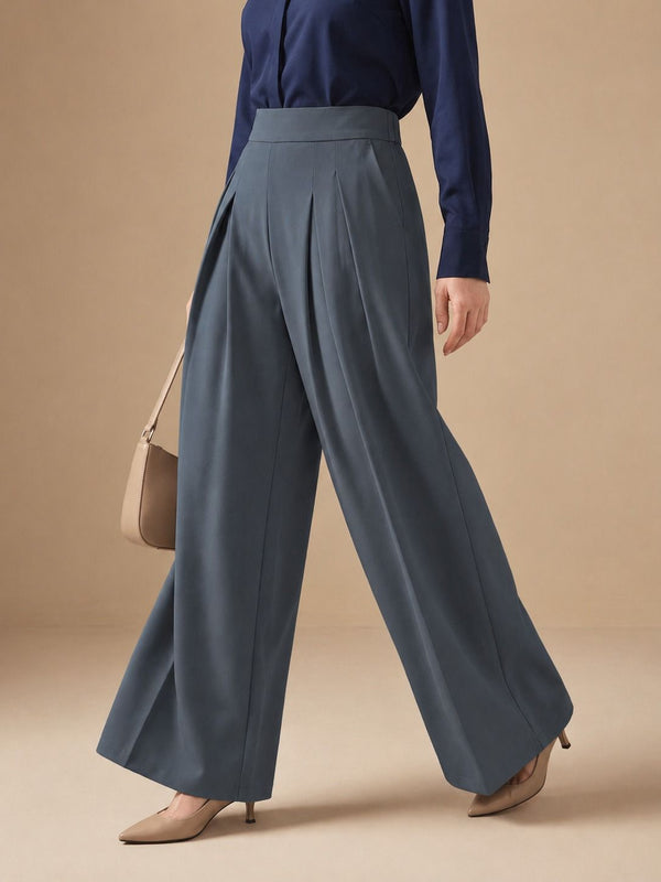 Istyle Can dark grey solid polyester twill wide leg pleated trousers for women