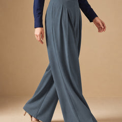 Istyle Can dark grey solid polyester twill wide leg pleated trousers for women
