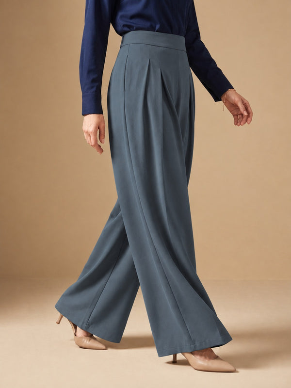 Istyle Can dark grey solid polyester twill wide leg pleated trousers for women