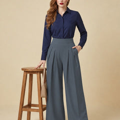 Istyle Can dark grey solid polyester twill wide leg pleated trousers for women