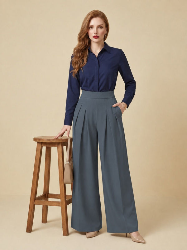 Istyle Can dark grey solid polyester twill wide leg pleated trousers for women