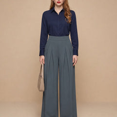 Istyle Can dark grey solid polyester twill wide leg pleated trousers for women