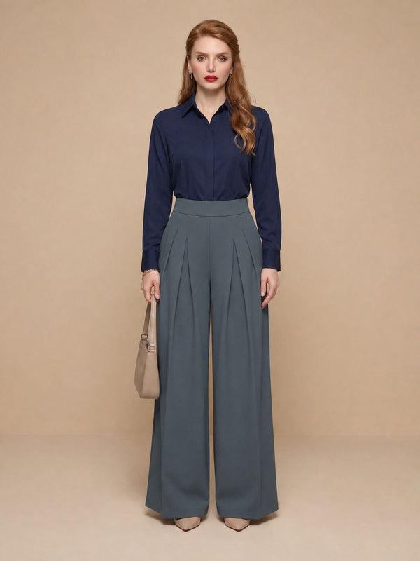 Istyle Can dark grey solid polyester twill wide leg pleated trousers for women