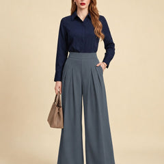 Istyle Can dark grey solid polyester twill wide leg pleated trousers for women