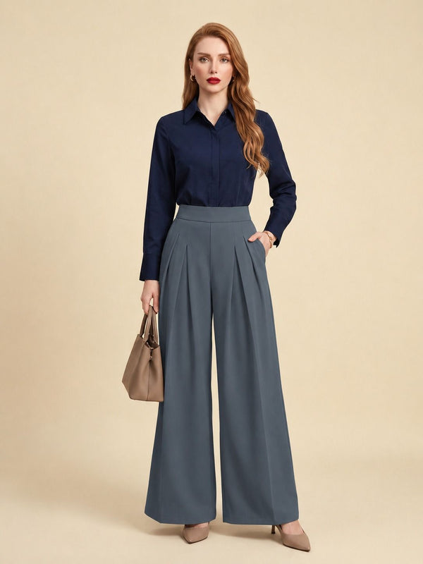 Istyle Can dark grey solid polyester twill wide leg pleated trousers for women