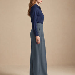 Istyle Can dark grey solid polyester twill wide leg pleated trousers for women
