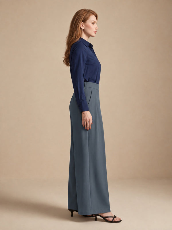 Istyle Can dark grey solid polyester twill wide leg pleated trousers for women