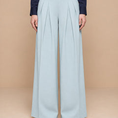 Istyle Can light grey solid polyester twill wide leg pleated trousers for women