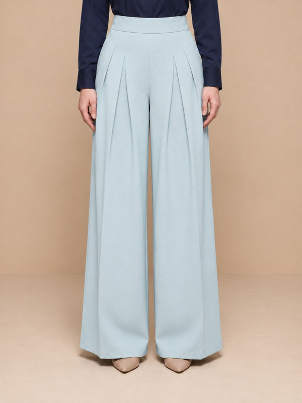 Istyle Can light grey solid polyester twill wide leg pleated trousers for women