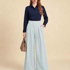 Istyle Can light grey solid polyester twill wide leg pleated trousers for women