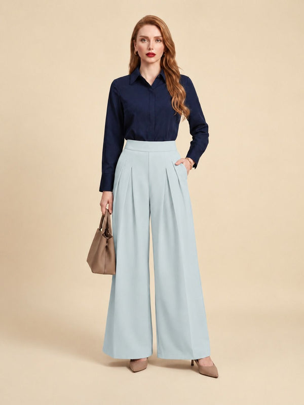 Istyle Can light grey solid polyester twill wide leg pleated trousers for women