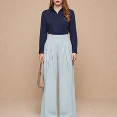 Istyle Can light grey solid polyester twill wide leg pleated trousers for women