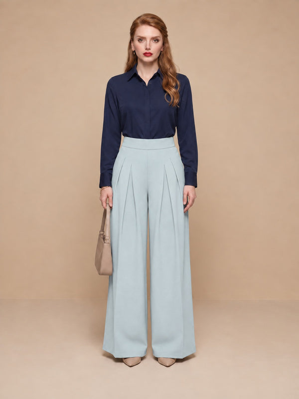 Istyle Can light grey solid polyester twill wide leg pleated trousers for women