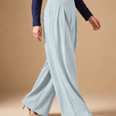 Istyle Can light grey solid polyester twill wide leg pleated trousers for women